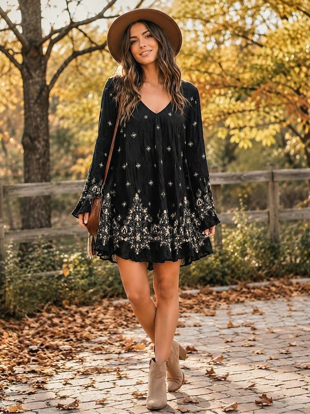 Free People Black Embroidered Boho Swing Dress Size S Long Sleeve